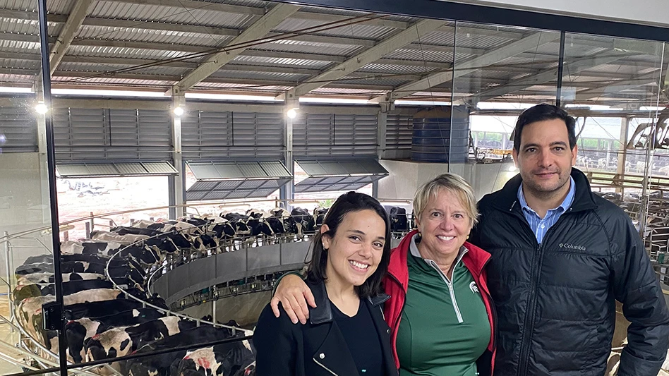 Pamela Ruegg (center); Jose Pantoja, a professor at a veterinary school in Brazil; and Lara Juliana Bastos, a doctoral student of Ruegg’s who completed her master’s degree with Pantoja, visit a farm in Brazil.